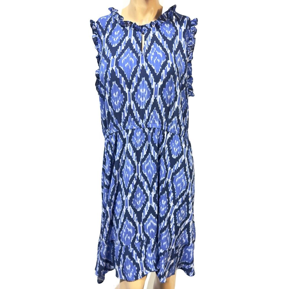 Talbots Dress Size 16 W Blue White Ikat Print Sleeveless Ruffle Trim